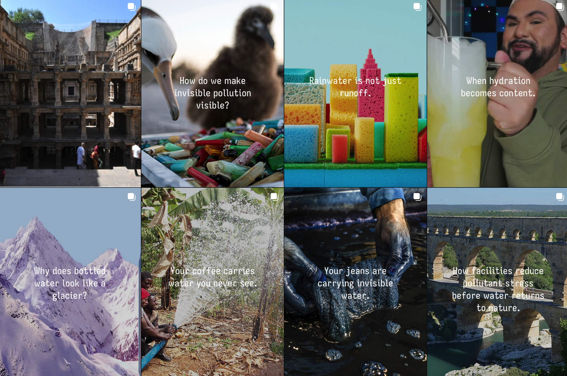 Eight Silent Yonder post covers featuring a stepwell, seabirds and plastic, sponge buildings, a drink, a glacier, coffee, denim and an aqueduct.