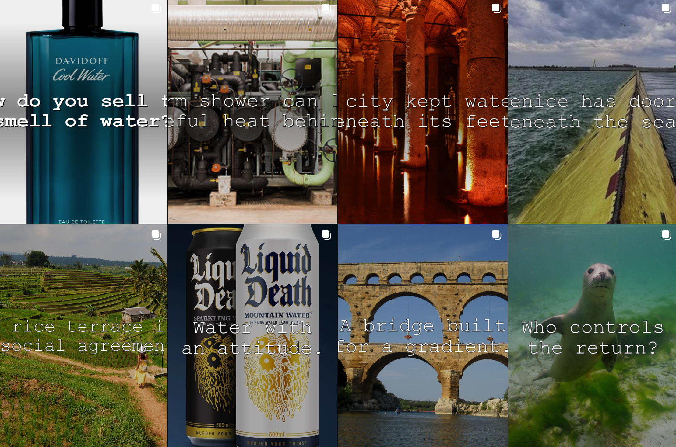 Eight Silent Yonder post covers showing Cool Water fragrance, machinery, a cistern, a sea barrier, rice terraces, Liquid Death cans, an aqueduct and a seal.