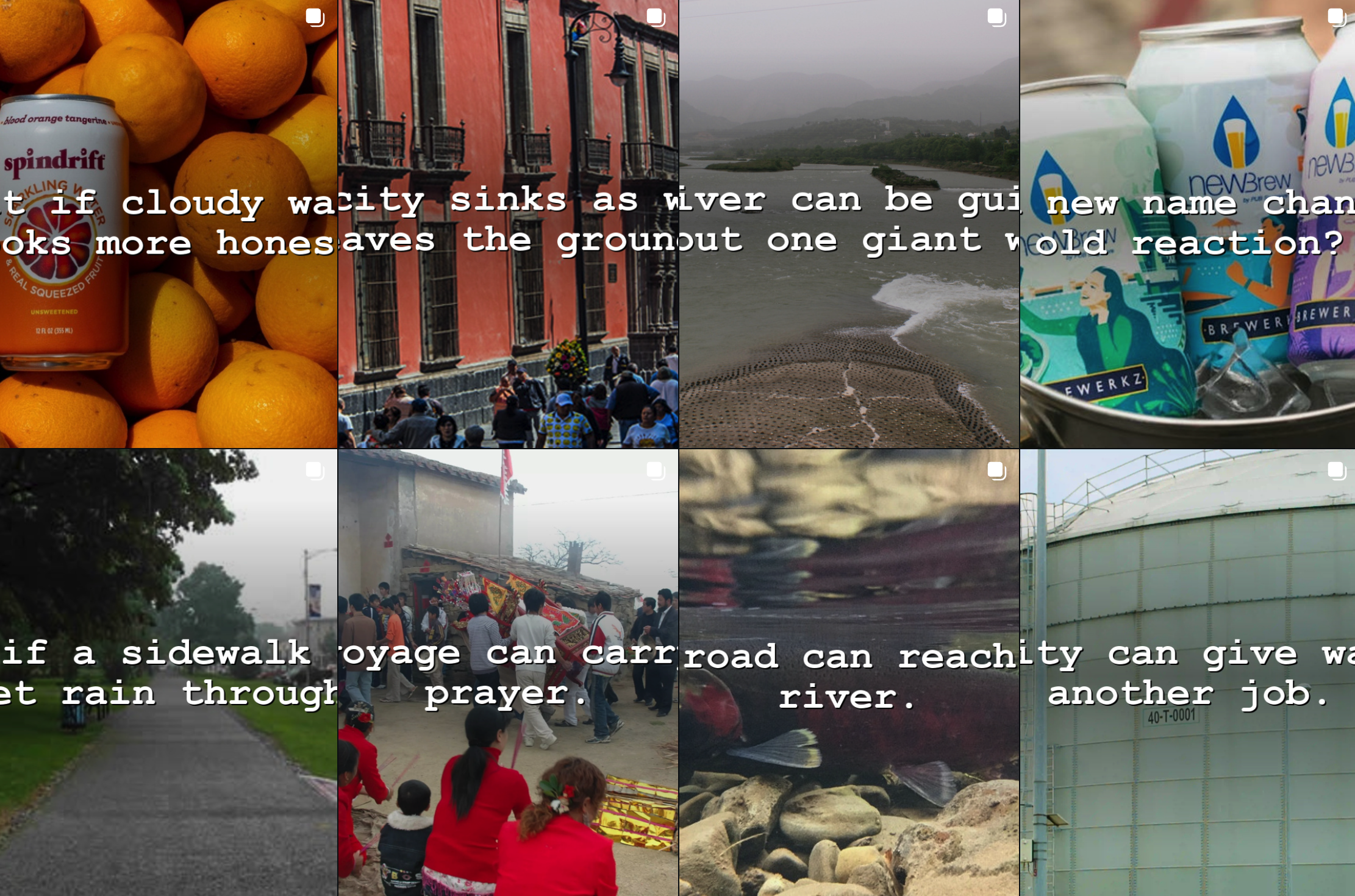 Eight Silent Yonder post covers featuring Spindrift, a city street, a river, NEWBrew cans, a path, a procession, fish and a water storage tank.