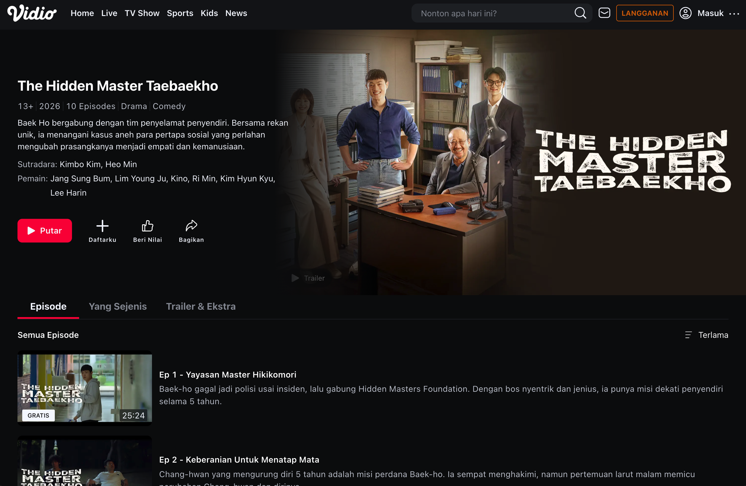 Vidio’s Indonesian catalogue page for The Hidden Master Taebaekho, with the cast artwork, synopsis and episode list.