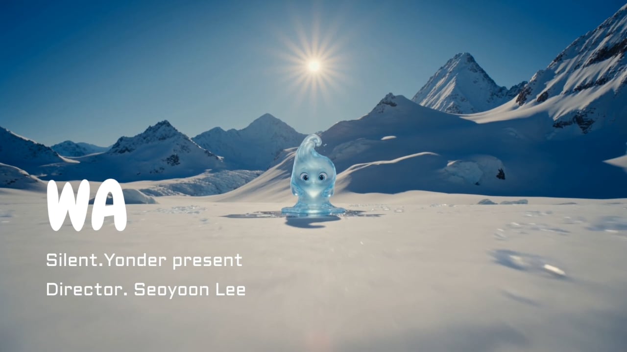 Wa, a translucent water character, on a snowy mountain in Seoyoon's animated music video